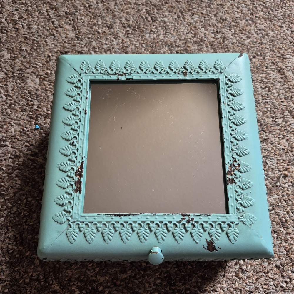 Vintage Turquoise Mirror Box Treasure Jewelry Trinket Antique